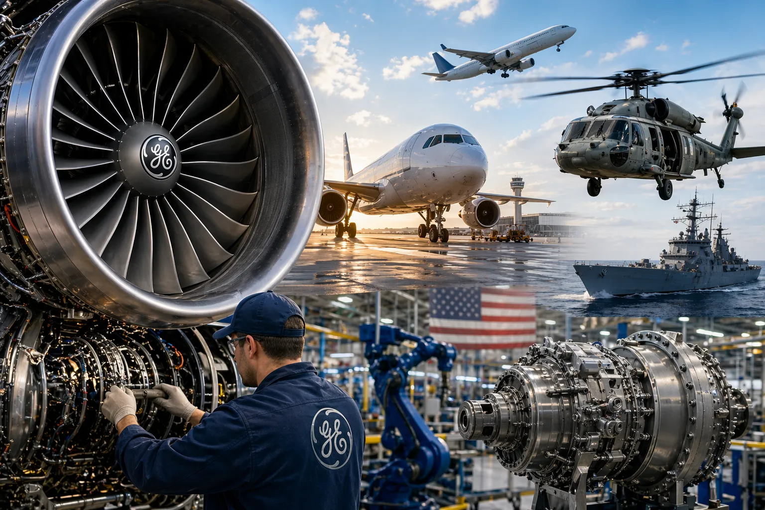 Close-up of a GE Aerospace jet engine turbine inside a modern aircraft hangar